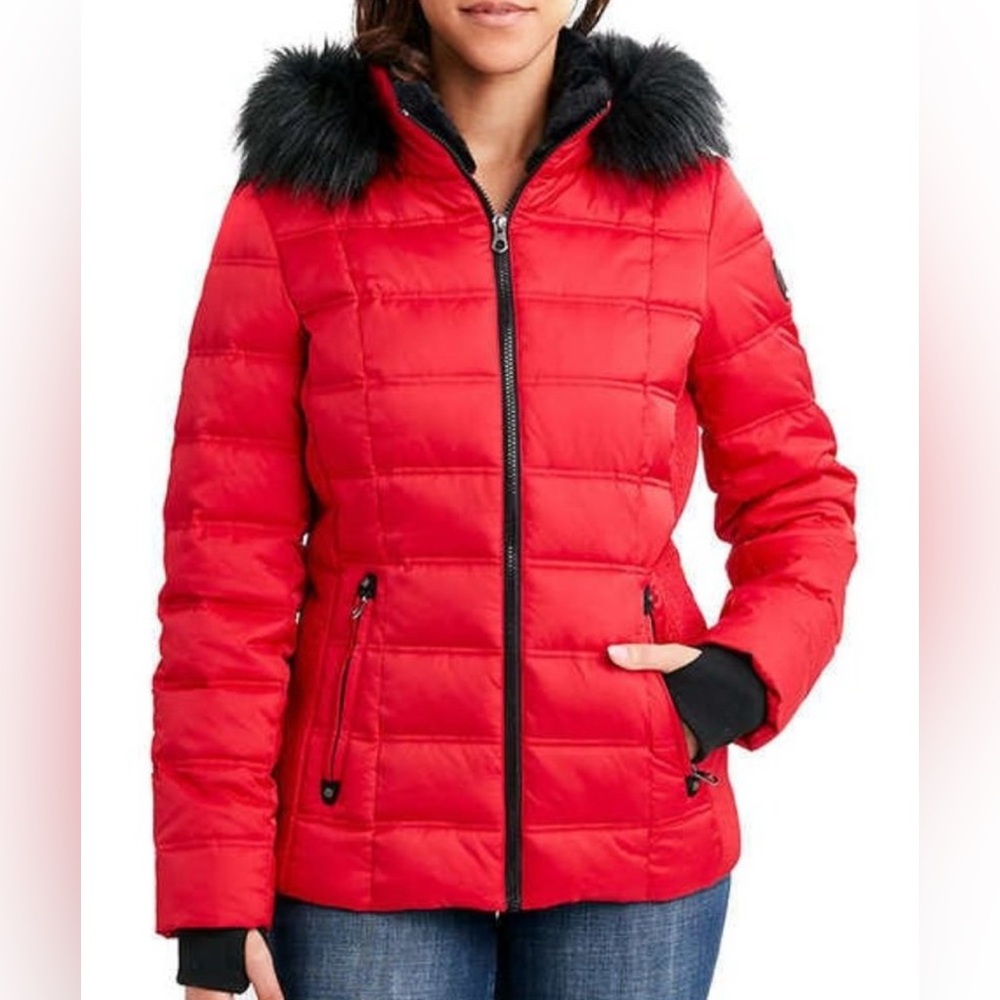 New Náutica Red Puffer Jacket with Black Faux Fur Hood